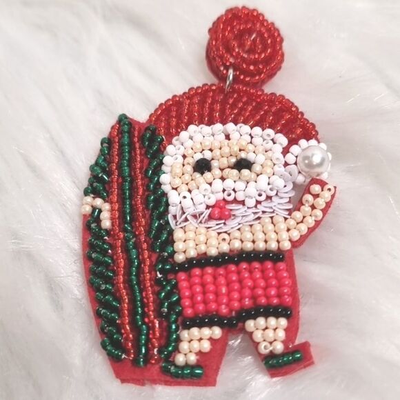 Cb1 BLING SURFER SANTA CHRISTMAS EARRINGS beaded pearl - Picture 4 of 8